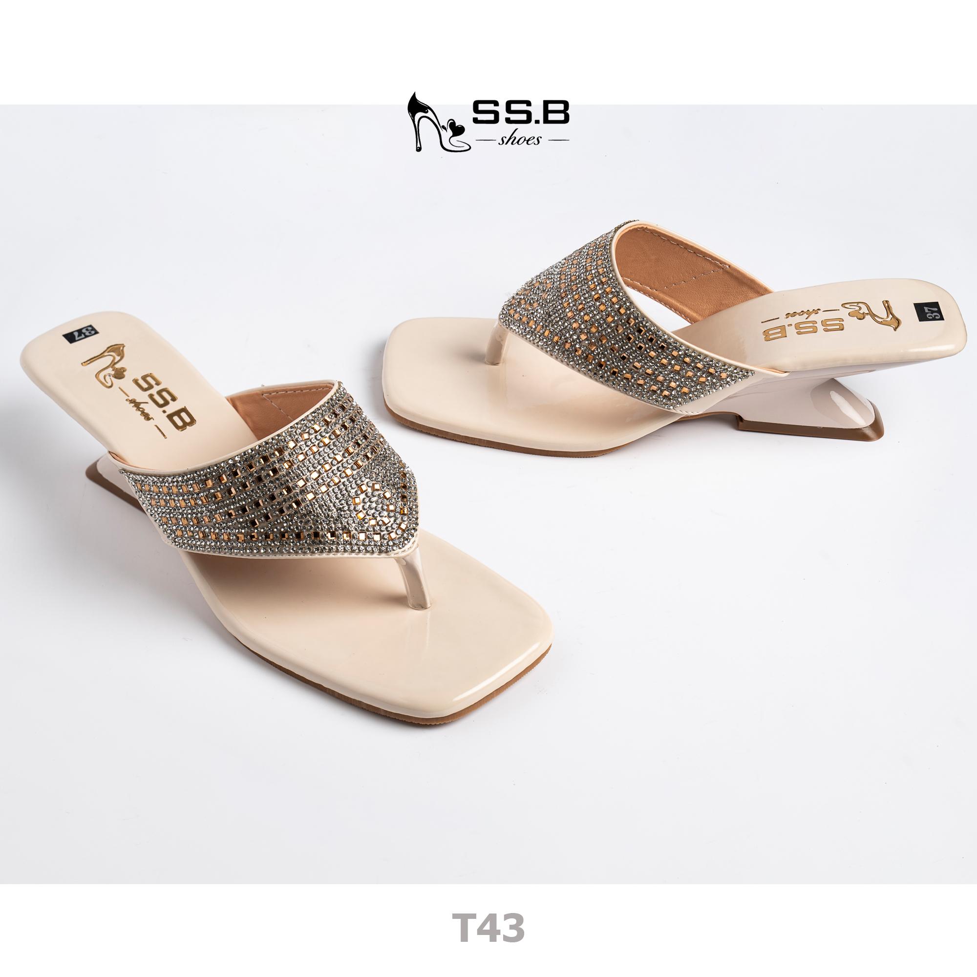 Dép nữ trung niên quai kẹp xoàn mũi vuông gót xuồng sơn 5cm sang trọng - mã T43