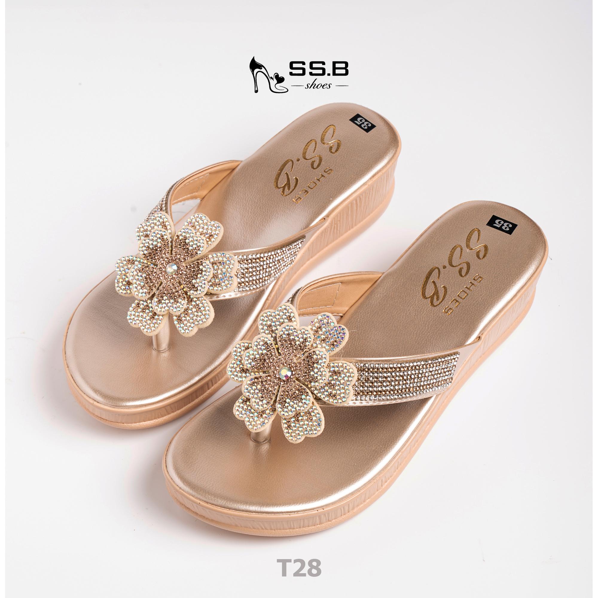 Dép nữ trung niên đế xuồng quai kẹp đính bông xinh, đế xuồng bánh mì cao 5cm, nhẹ êm-T28