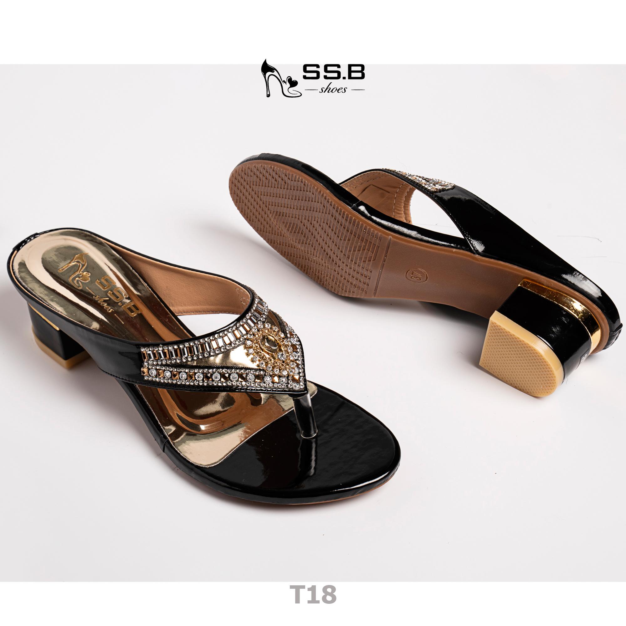 Dép nữ trung niên cao gót,quai kẹp đính xoàn đá hình tam giác, gót cuộn viền đồng cao 4 cm-T18