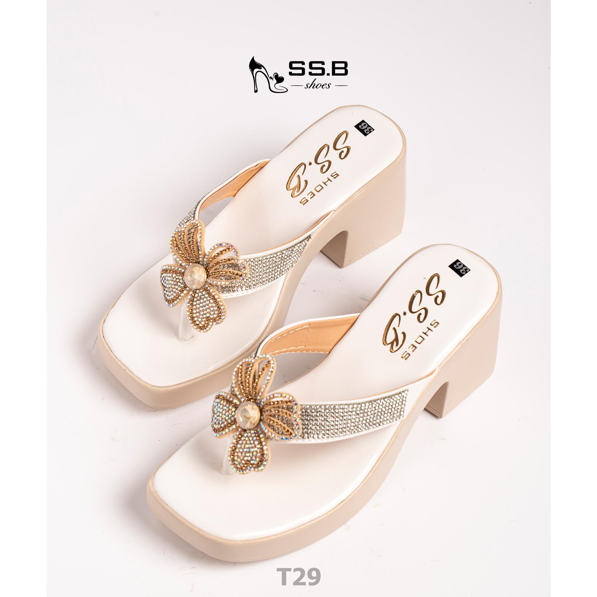 Dép nữ trung niên đế xuồng quai kẹp, bông xoàn đá,đế êm chống trượt, cao 7cm tôn dáng-T29