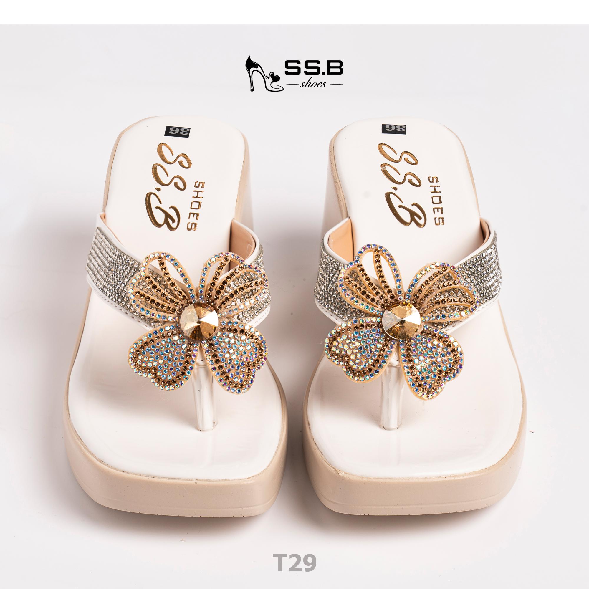 Dép nữ trung niên đế xuồng quai kẹp, bông xoàn đá,đế êm chống trượt, cao 7cm tôn dáng-T29