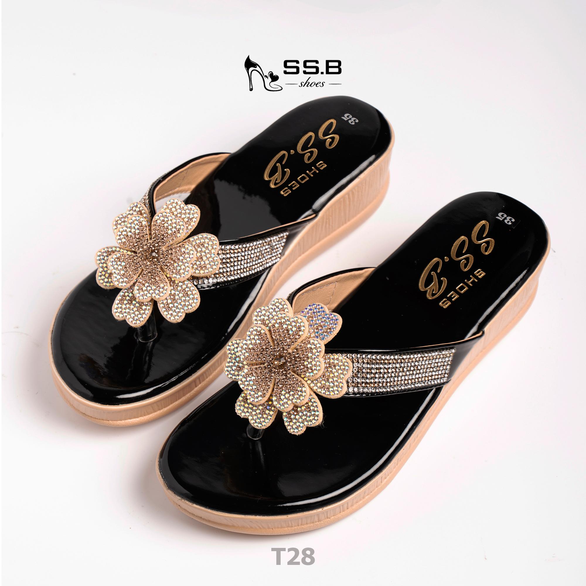 Dép nữ trung niên đế xuồng quai kẹp đính bông xinh, đế xuồng bánh mì cao 5cm, nhẹ êm-T28