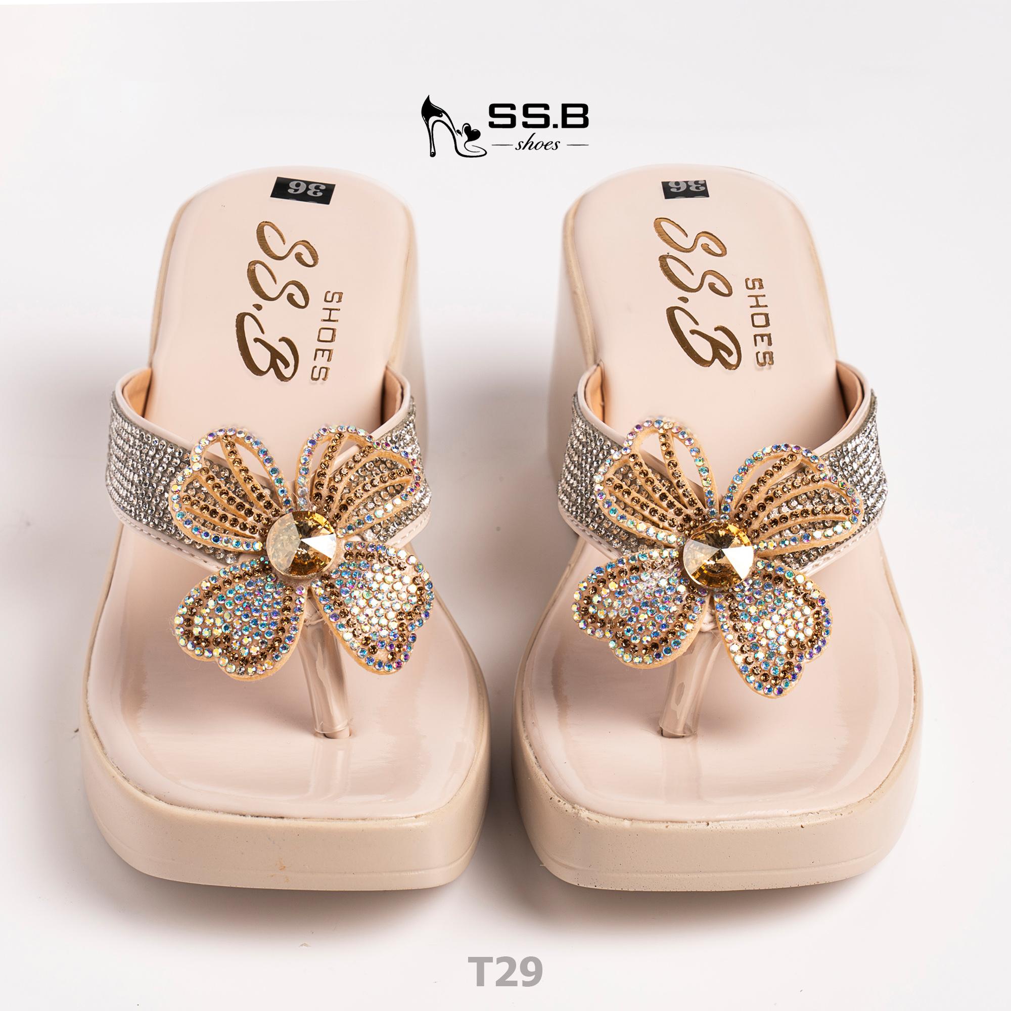 Dép nữ trung niên đế xuồng quai kẹp, bông xoàn đá,đế êm chống trượt, cao 7cm tôn dáng-T29