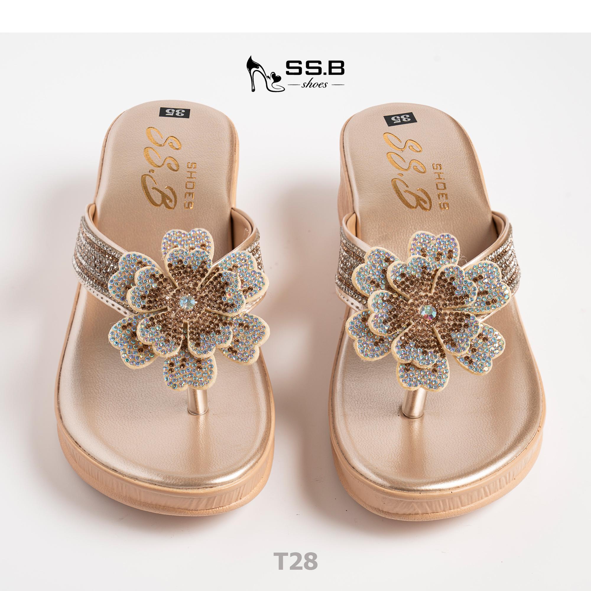 Dép nữ trung niên đế xuồng quai kẹp đính bông xinh, đế xuồng bánh mì cao 5cm, nhẹ êm-T28