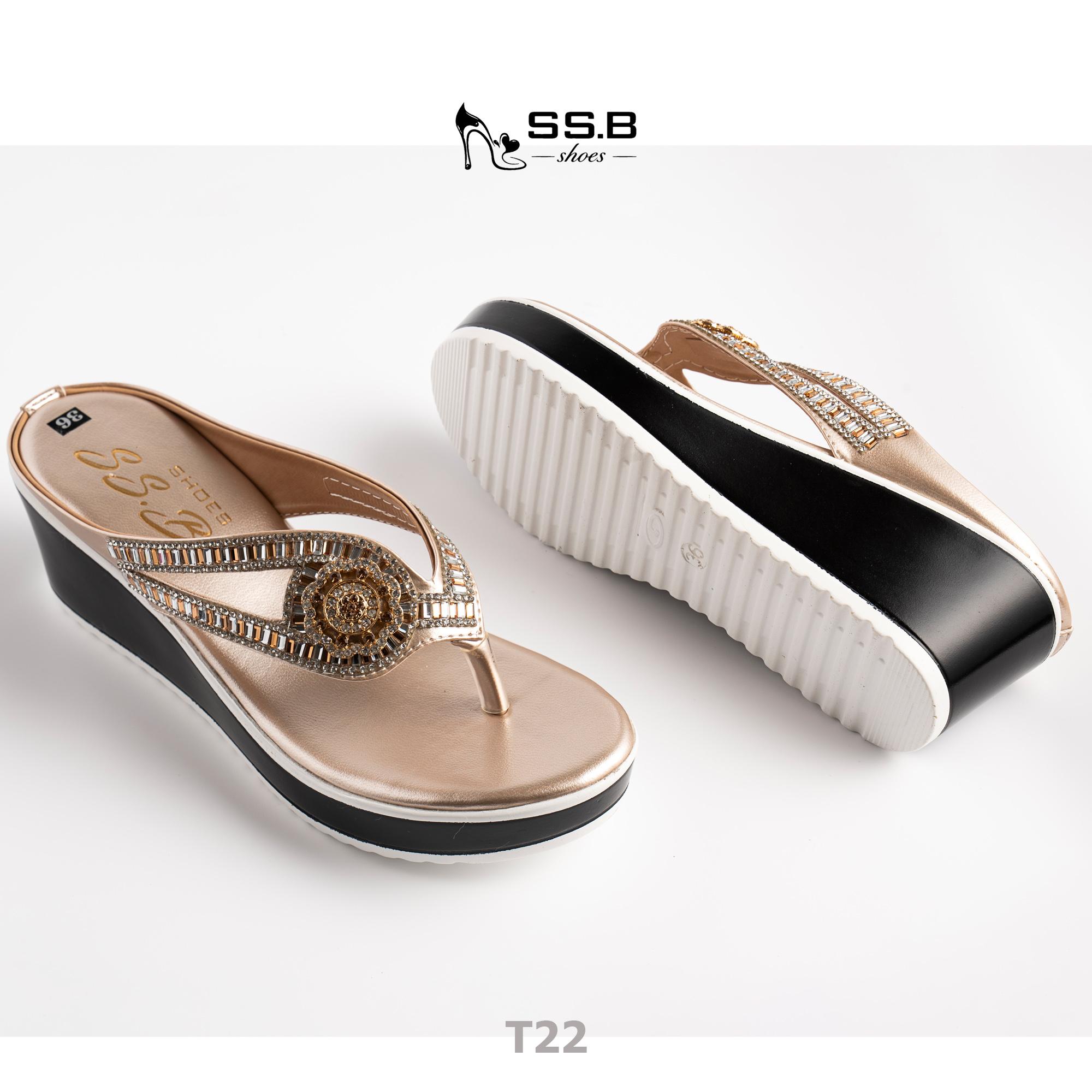 Dép nữ trung niên đế xuồng quai kẹp vế dài đính đá lấp lánh, đế xuồng đúc cao 6cm êm chân-T22