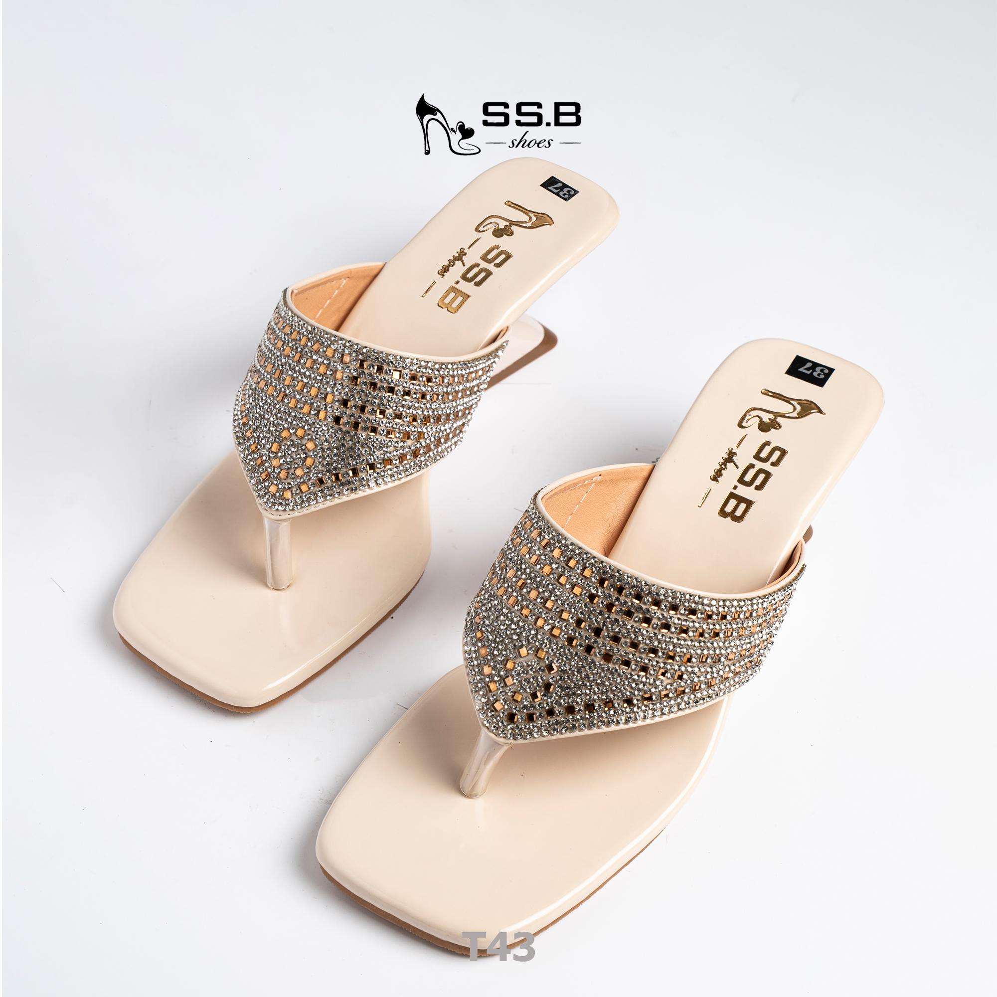 Dép nữ trung niên quai kẹp xoàn mũi vuông gót xuồng sơn 5cm sang trọng - mã T43