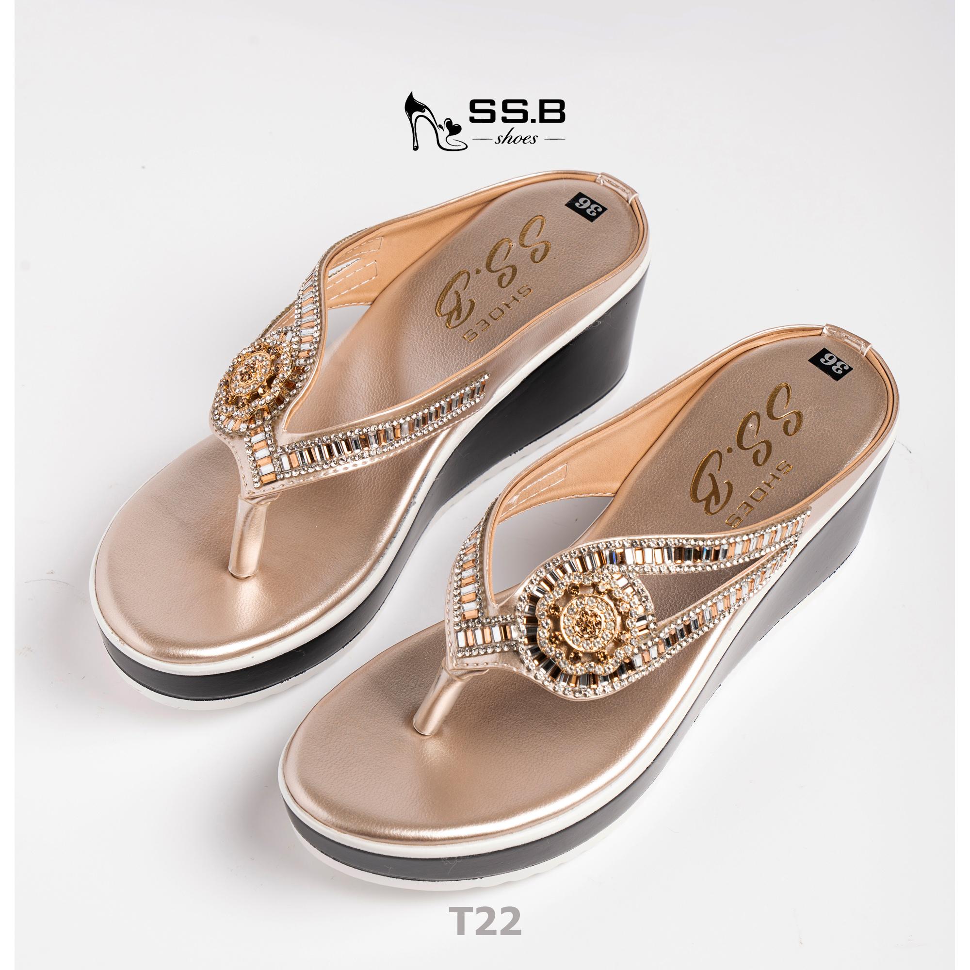 Dép nữ trung niên đế xuồng quai kẹp vế dài đính đá lấp lánh, đế xuồng đúc cao 6cm êm chân-T22