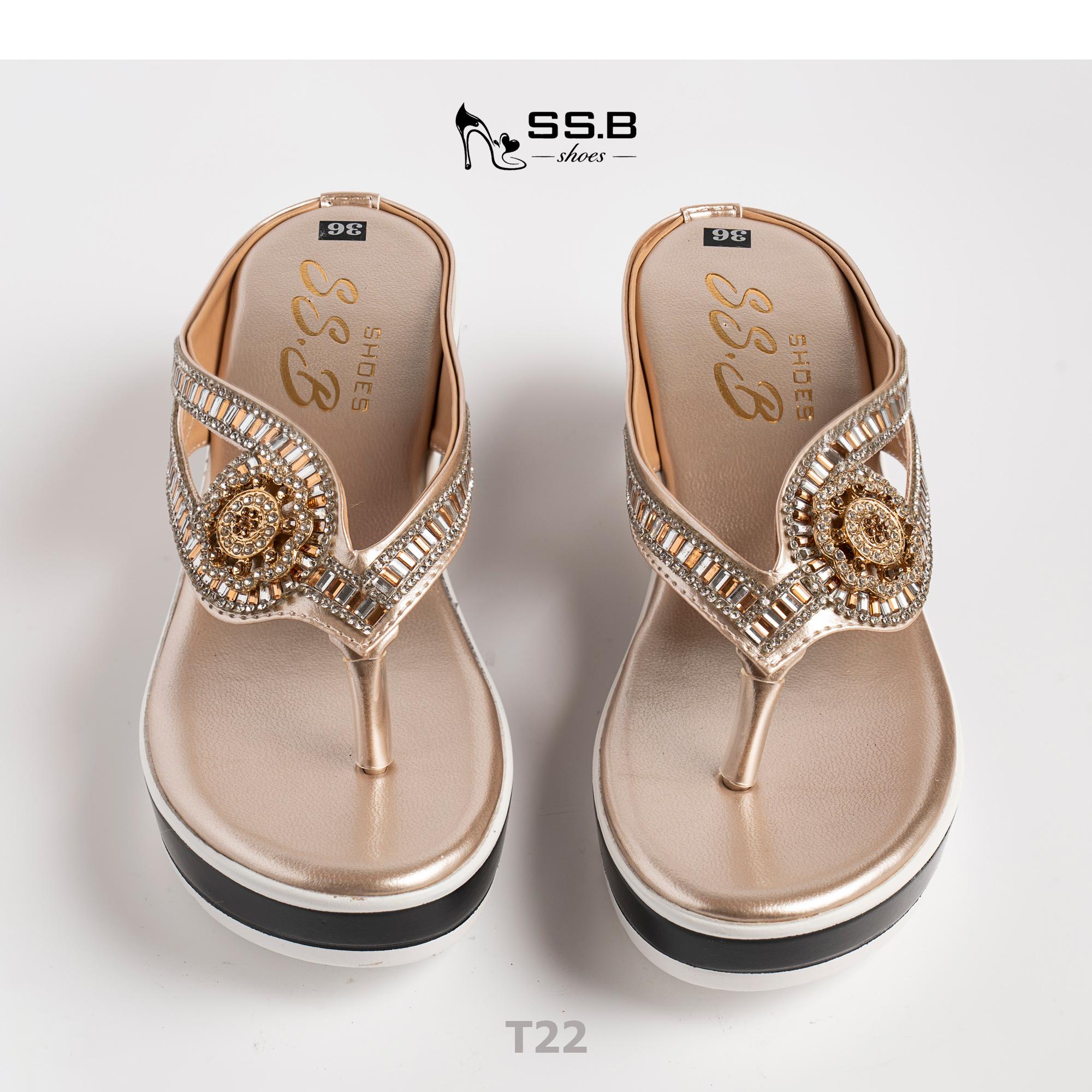 Dép nữ trung niên đế xuồng quai kẹp vế dài đính đá lấp lánh, đế xuồng đúc cao 6cm êm chân-T22