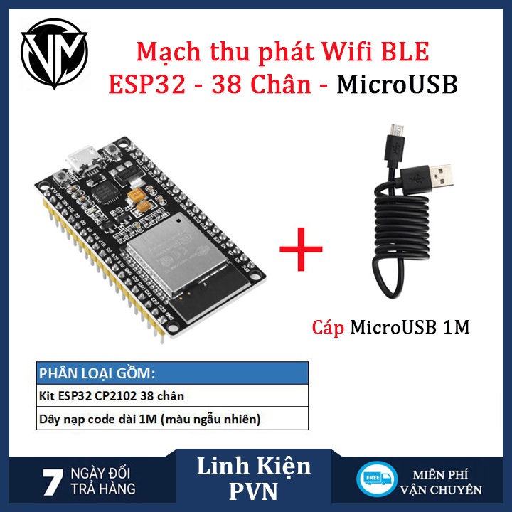 Kit ESP32 38 chân CP2102 Micro USB/TypeC – Mạch Lập Trình IoT WiFi Bluetooth Cho Arduino