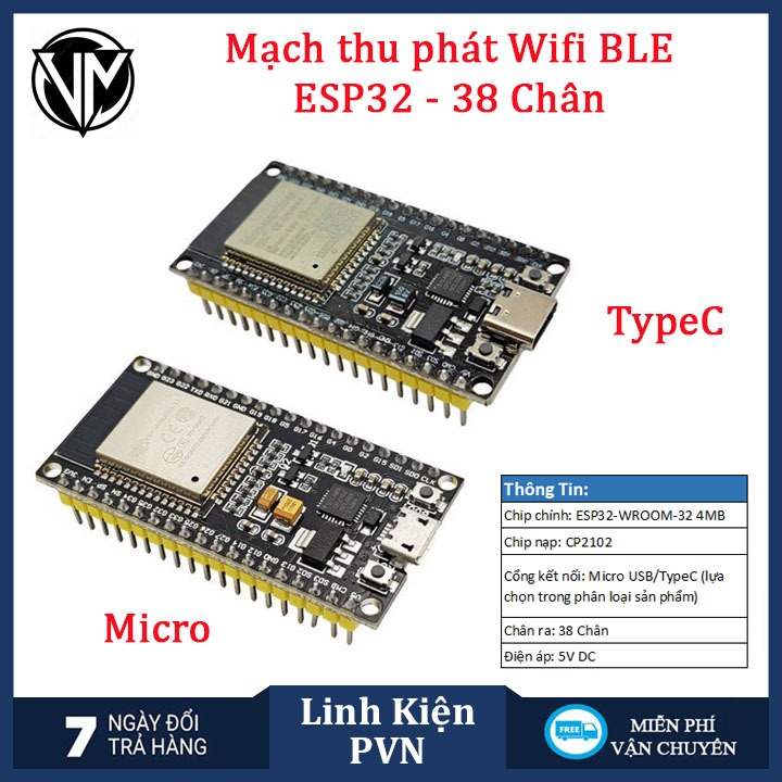 Kit ESP32 38 chân CP2102 Micro USB/TypeC – Mạch Lập Trình IoT WiFi Bluetooth Cho Arduino