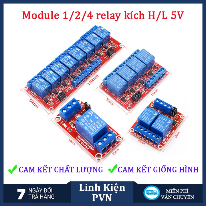 Module Relay 5V 1/ 2/ 4/ 8 kênh có cách ly opto, tùy chọn mức kích High/Low 10A