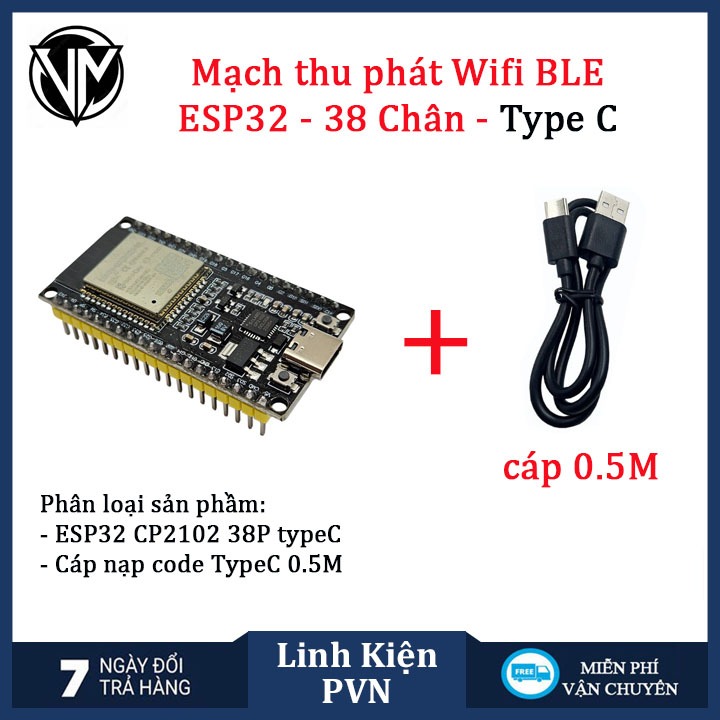 Kit ESP32 38 chân CP2102 Micro USB/TypeC – Mạch Lập Trình IoT WiFi Bluetooth Cho Arduino