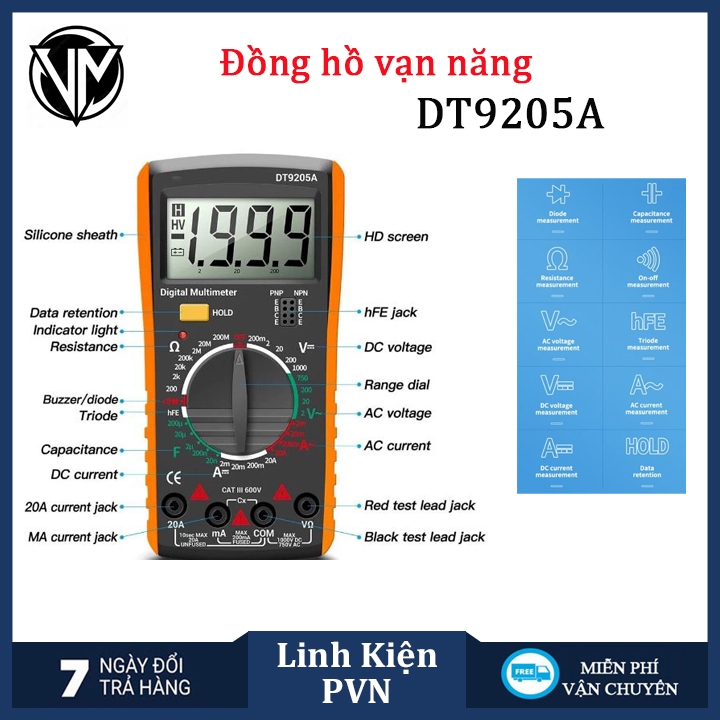 Đồng hộ đo điện vạn năng DT9205A màn hình kỹ thuật số kèm PIN (bảo hành 1 tháng)