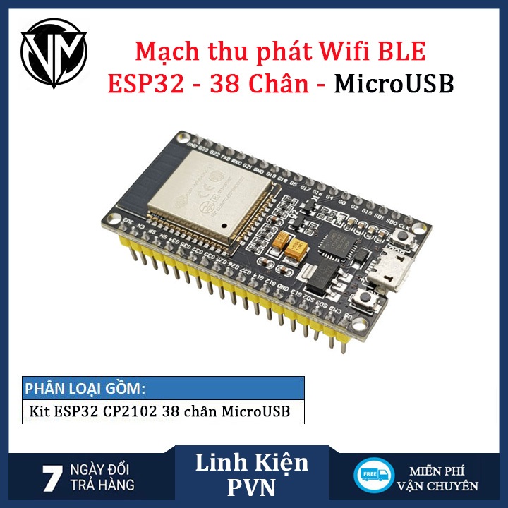 Kit ESP32 38 chân CP2102 Micro USB/TypeC – Mạch Lập Trình IoT WiFi Bluetooth Cho Arduino