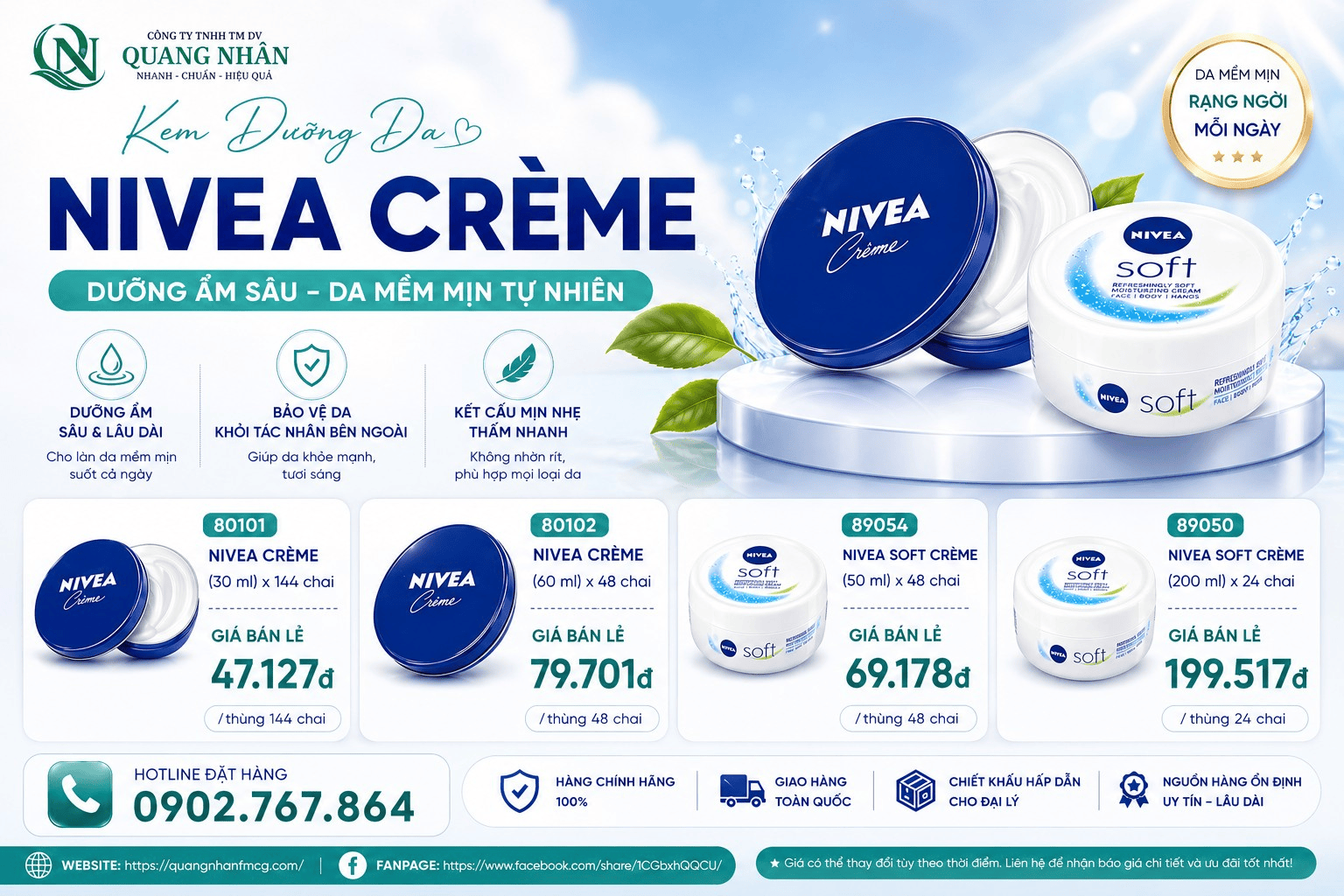 CHÍNH SÁCH GIÁ BÁN KEM DƯỠNG DA NIVEA TẠI QUANG NHÂN