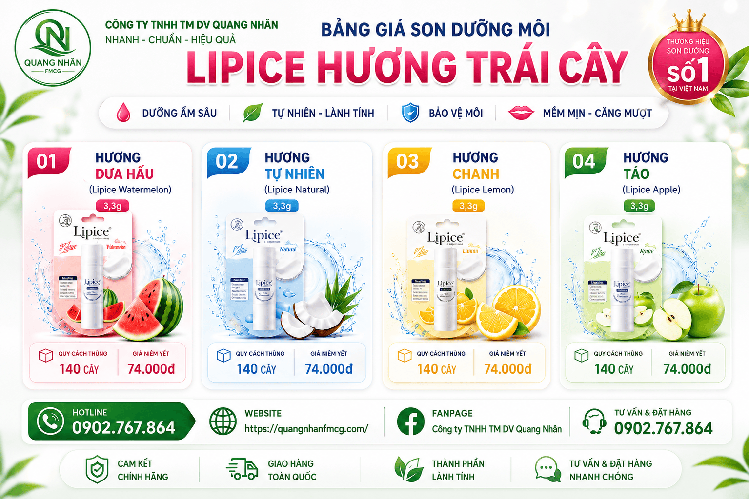 CHÍNH SÁCH GIÁ BÁN NHÓM SẢN PHẨM SON HƯƠNG TRÁI CÂY TẠI QUANG NHÂN