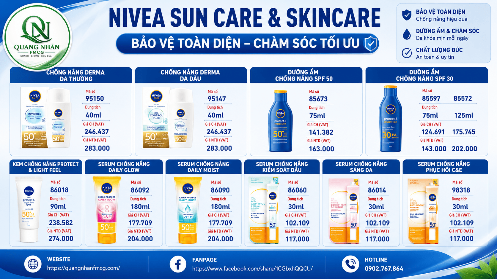 Bảng giá chi tiết NIVEA SUN CARE & SKINCARE – BẢO VỆ DA TOÀN DIỆN MỖI NGÀY