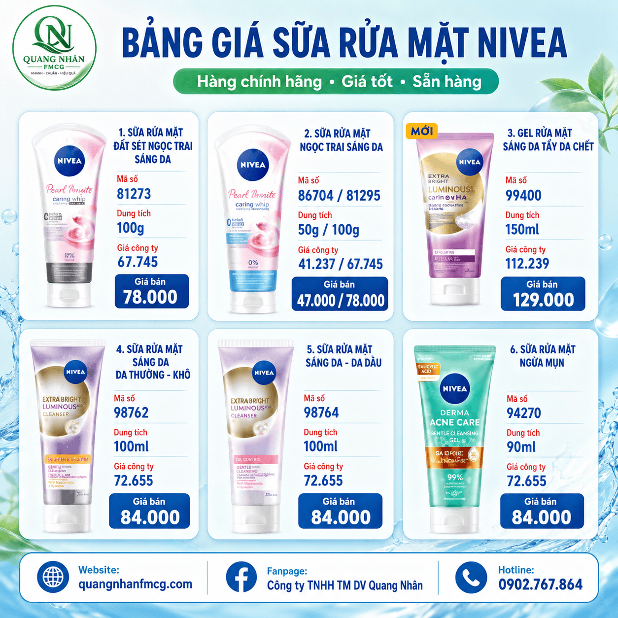 THÔNG BÁO GIÁ BÁN SỮA RỬA MẶT NIVEA