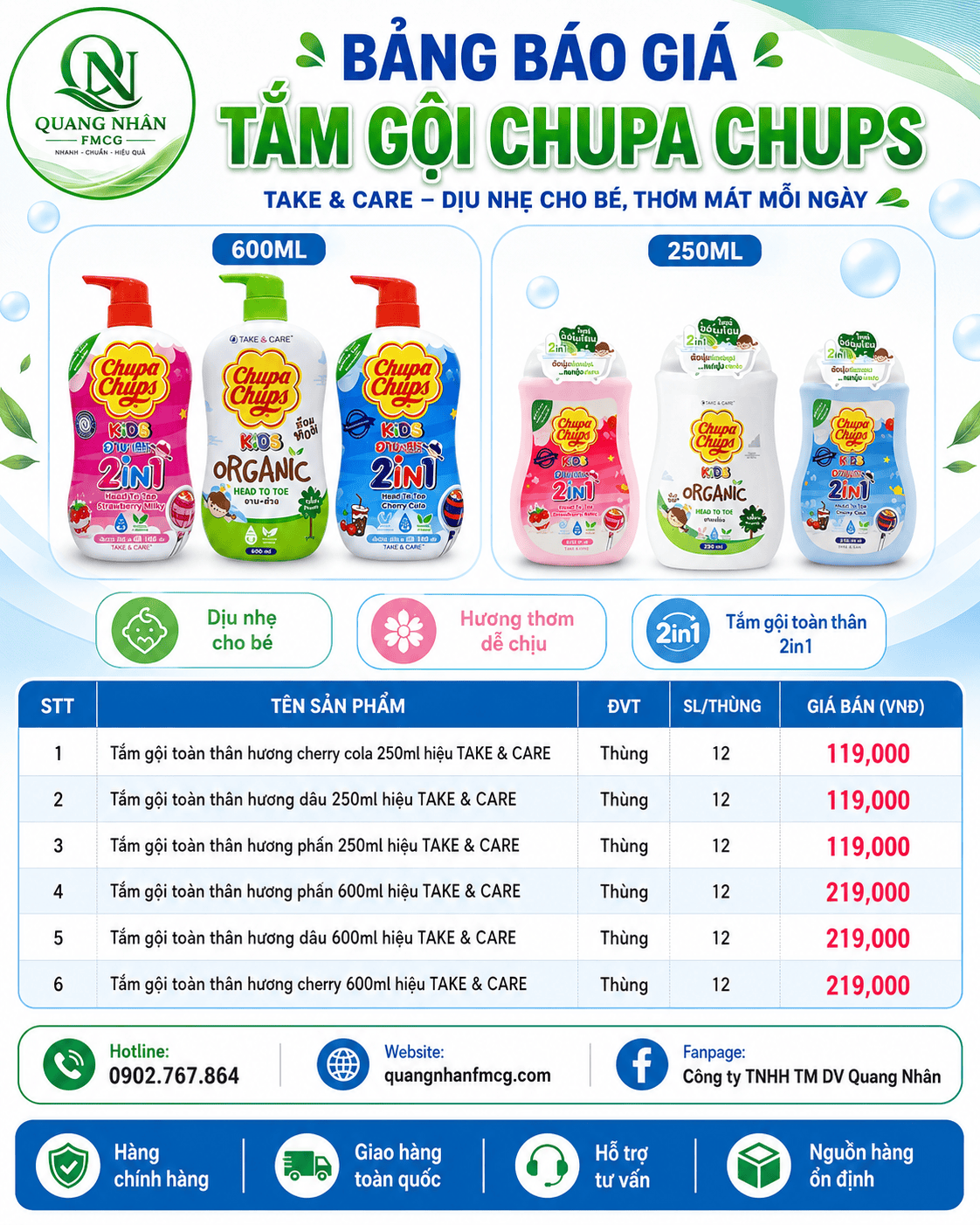 THÔNG BÁO GIÁ BÁN TẮM GỘI CHUPA CHUPS