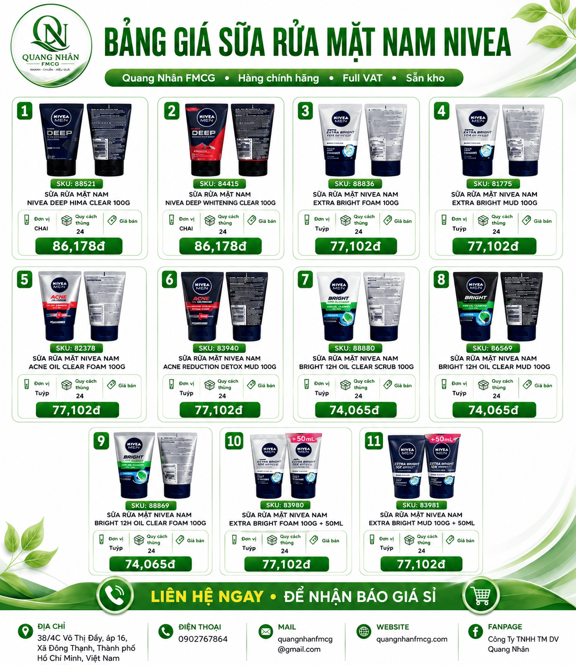 CẬP NHẬT BẢNG GIÁ SỮA RỬA MẶT NAM NIVEA – HÀNG CHÍNH HÃNG, FULL VAT, SẴN KHO