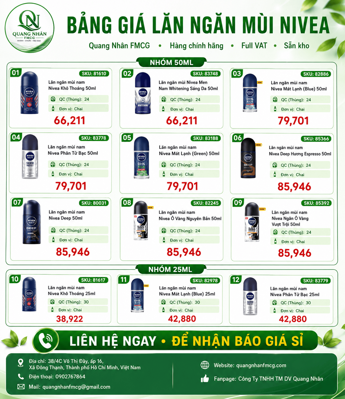 BẢNG GIÁ LĂN NGĂN MÙI NIVEA MEN – HÀNG CHÍNH HÃNG, FULL VAT