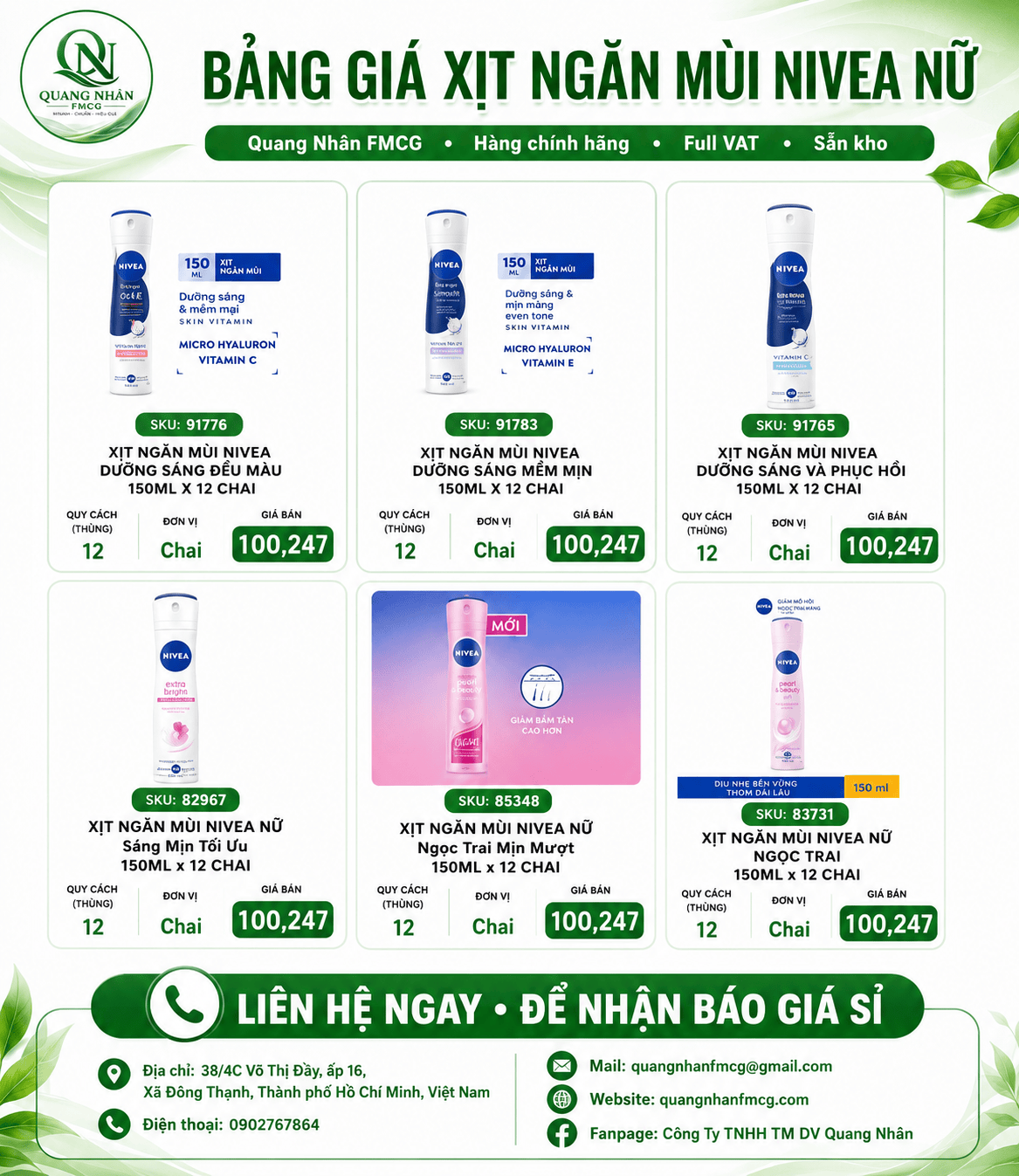 BẢNG GIÁ NIVEA XỊT KHỬ MÙI - CHÍNH HÃNG