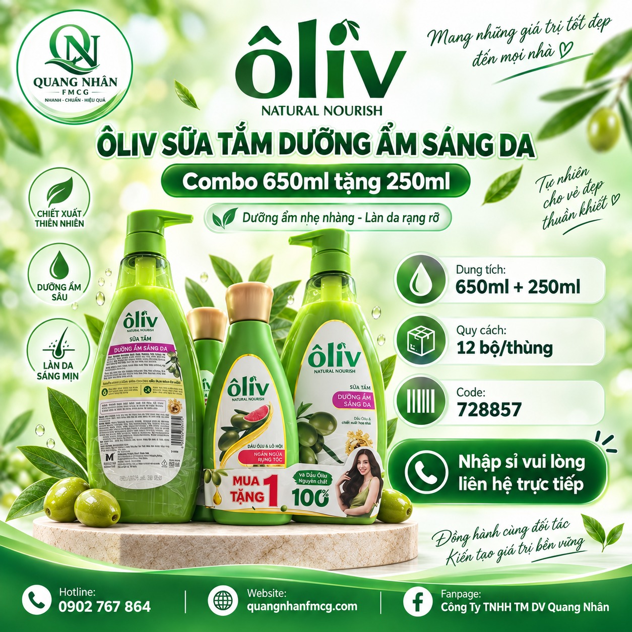 SỮA TẮM ÔLIV DƯỠNG ẨM SÁNG DA 650ML+ 250ML) X 12 BỘ/thùng