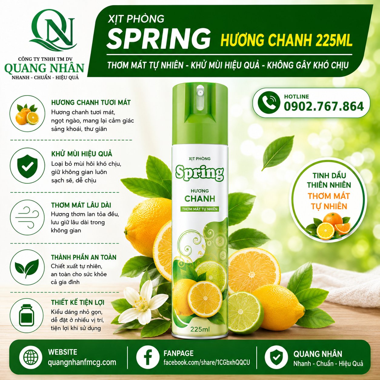 Xịt phòng nước hoa Spring - Hương chanh 225ml x 24 chai