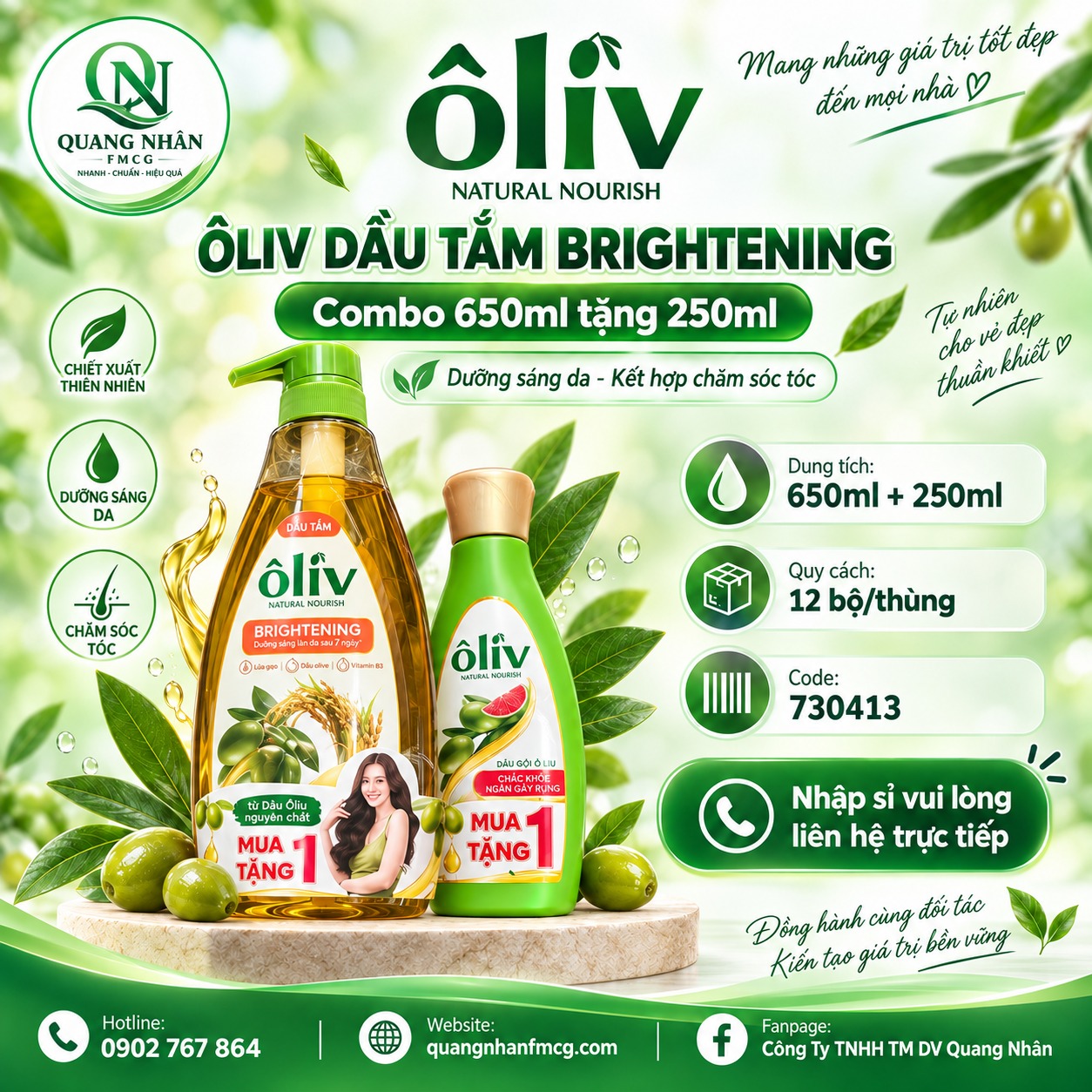 DẦU TẮM ÔLIV SÁNG DA 650ML+250ml x 12 BỘ/THÙNG