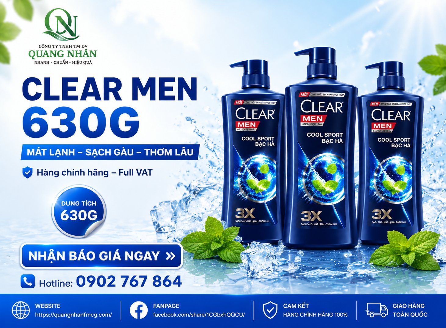 DẦU GỘI CLEAR MEN COOL SPORT MÁT LẠNH BẠC HÀ 630G X 8 chai
