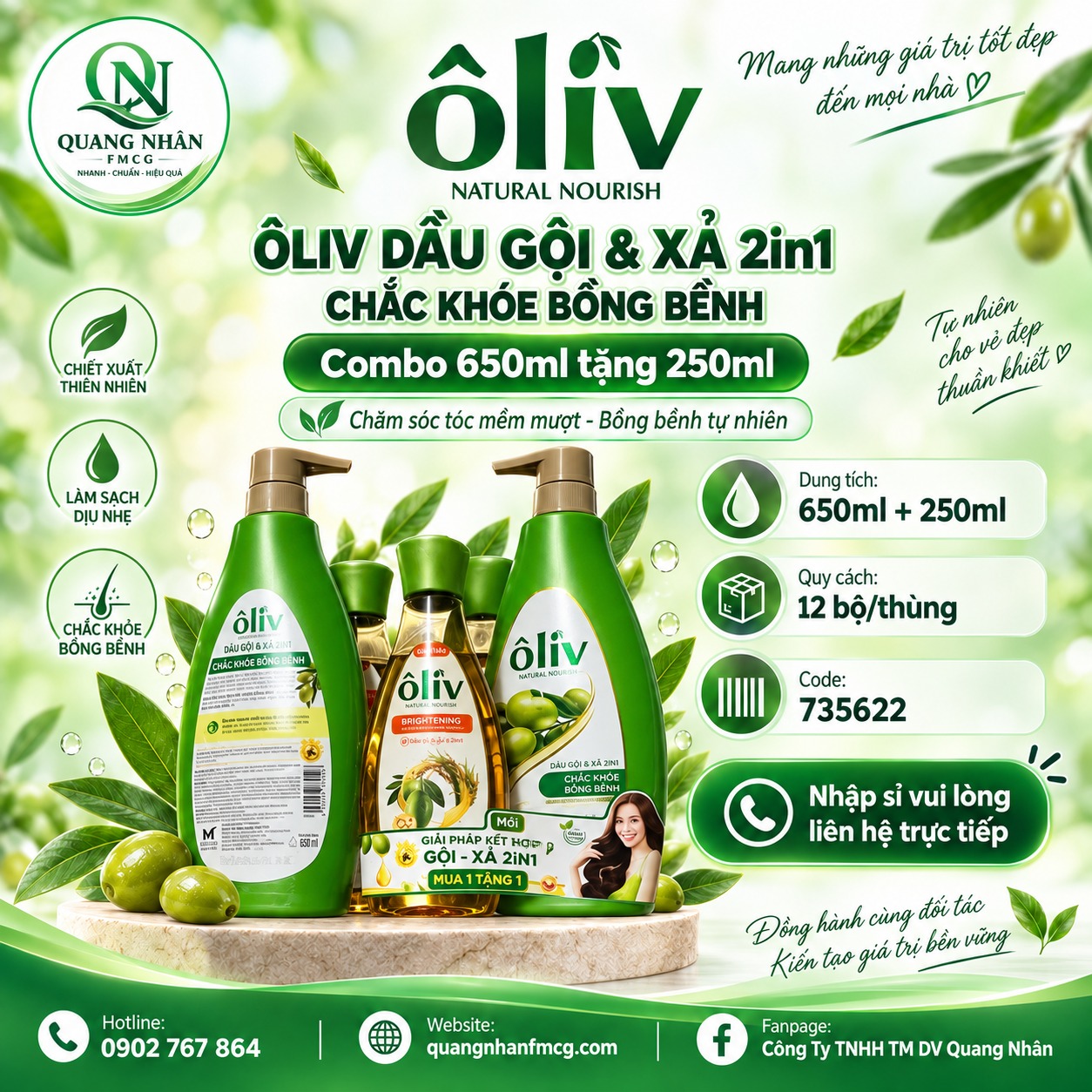 DẦU GỘI ÔLIV CHẮC KHOẺ BỒNG BỀNH 650ML + DT 250ML) x 12 BỘ