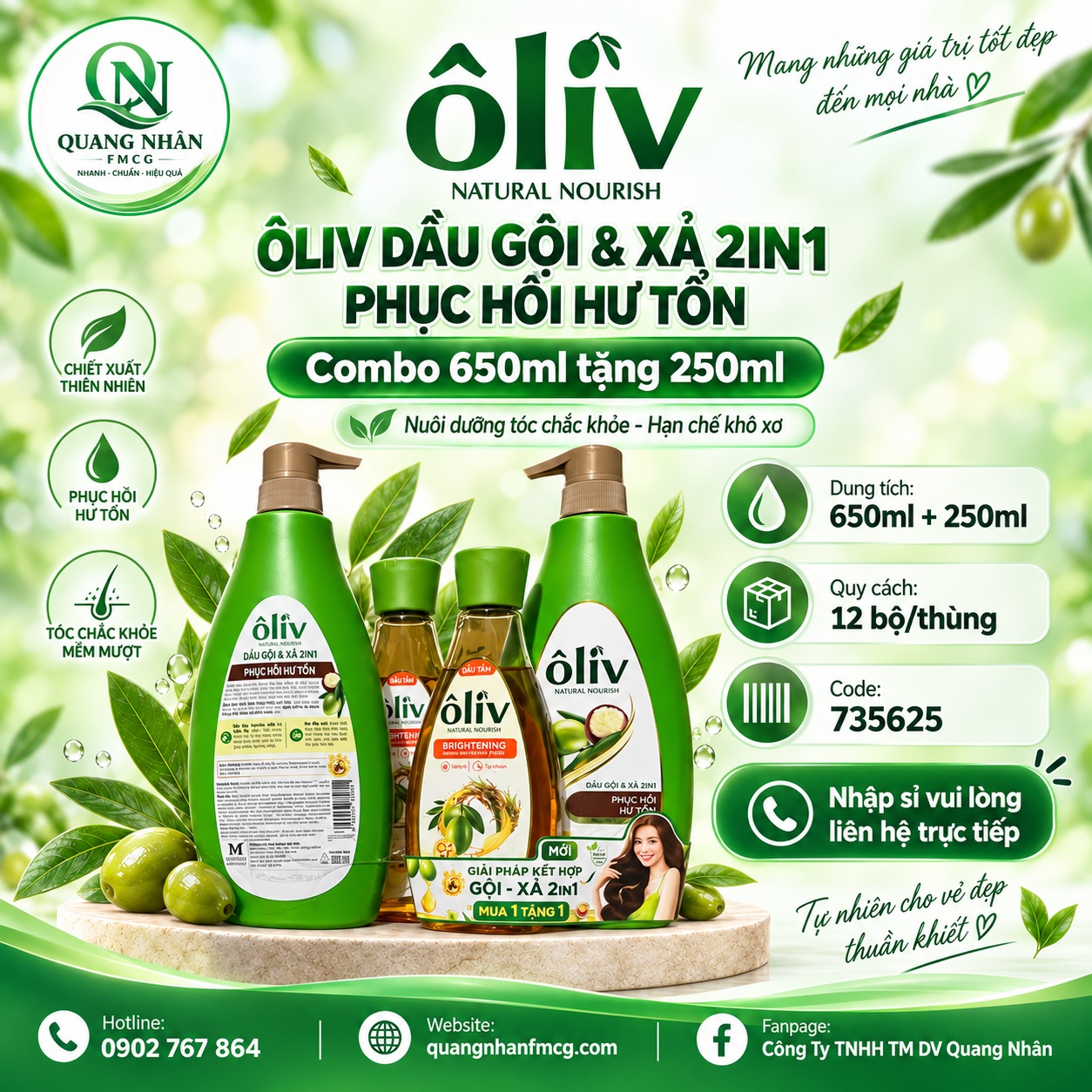 DẦU GỘI ÔLIV PHỤC HỒI HƯ TỔN 650ML+ DT 250ML) x 12 BỘ /THÙNG