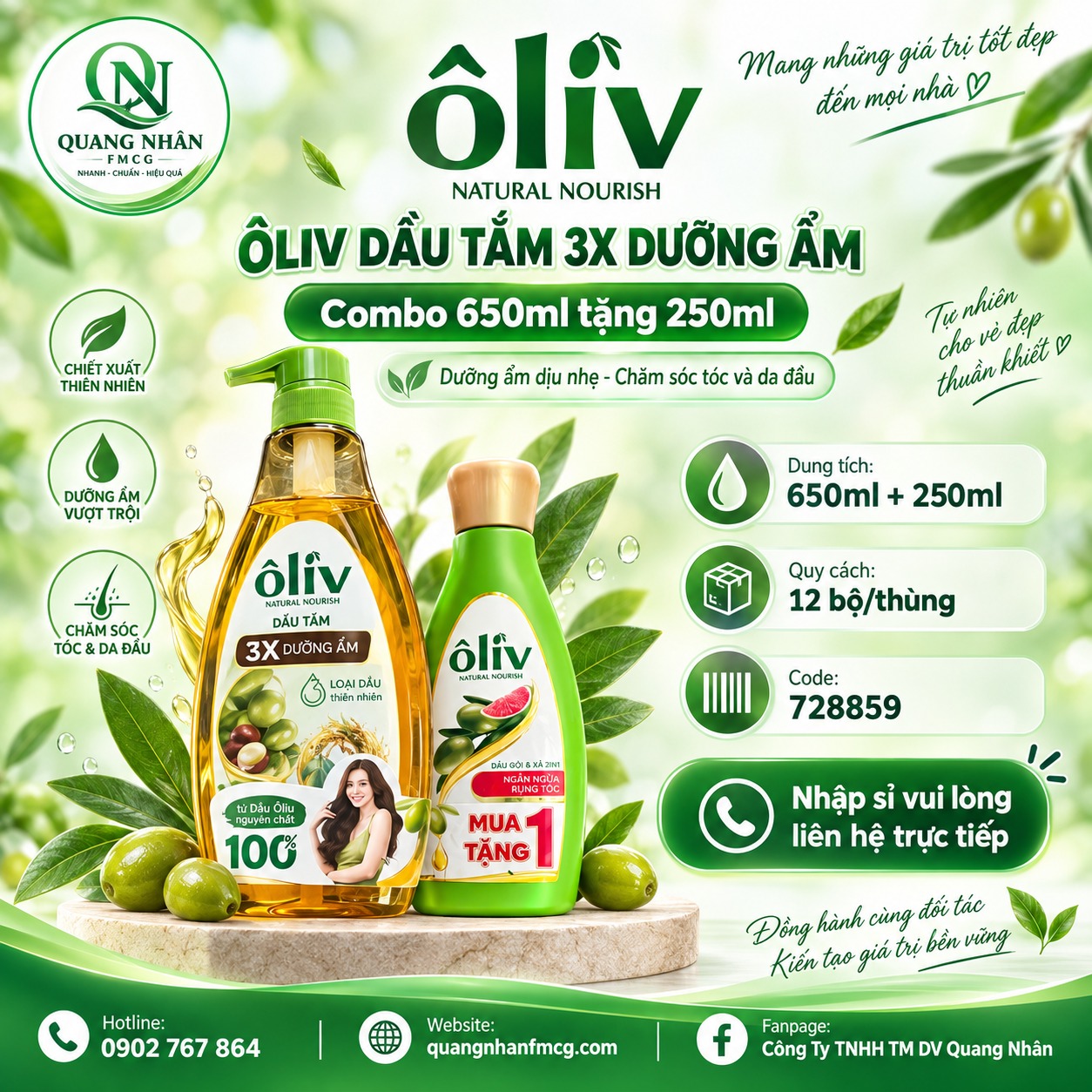DẦU TẮM ÔLIV 3X DƯỠNG ẨM 650ML+250ml x 12 BỘ/THÙNG