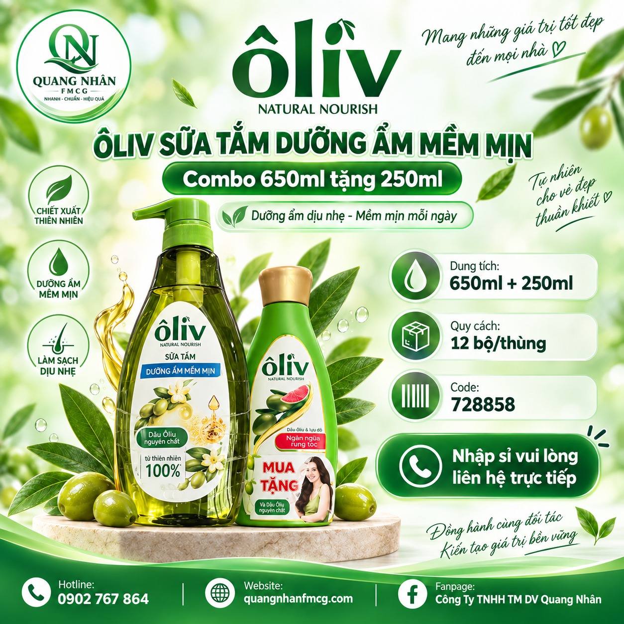 SỮA TẮM ÔLIV DƯỠNG ẨM MỀM MỊN 650ML+ 250ML) X 12 BỘ