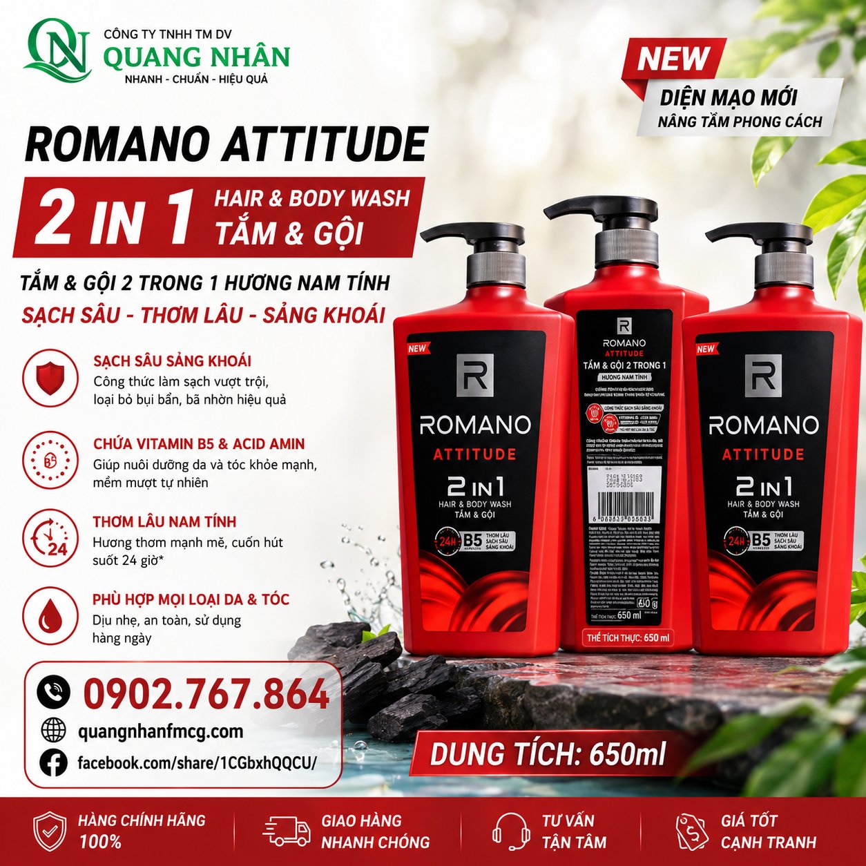 TẮM GỘI 2IN1 ROMANO ATITUDE ( MÀU ĐỎ ) 650ML + 25% X 12 Chai/ Thùng
