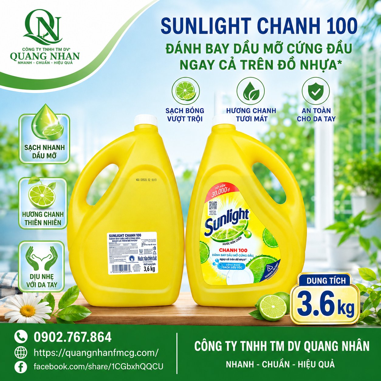 NƯỚC RỬA CHÉN SUNLIGHT HƯƠNG CHANH 3.6KG x 3 CAN