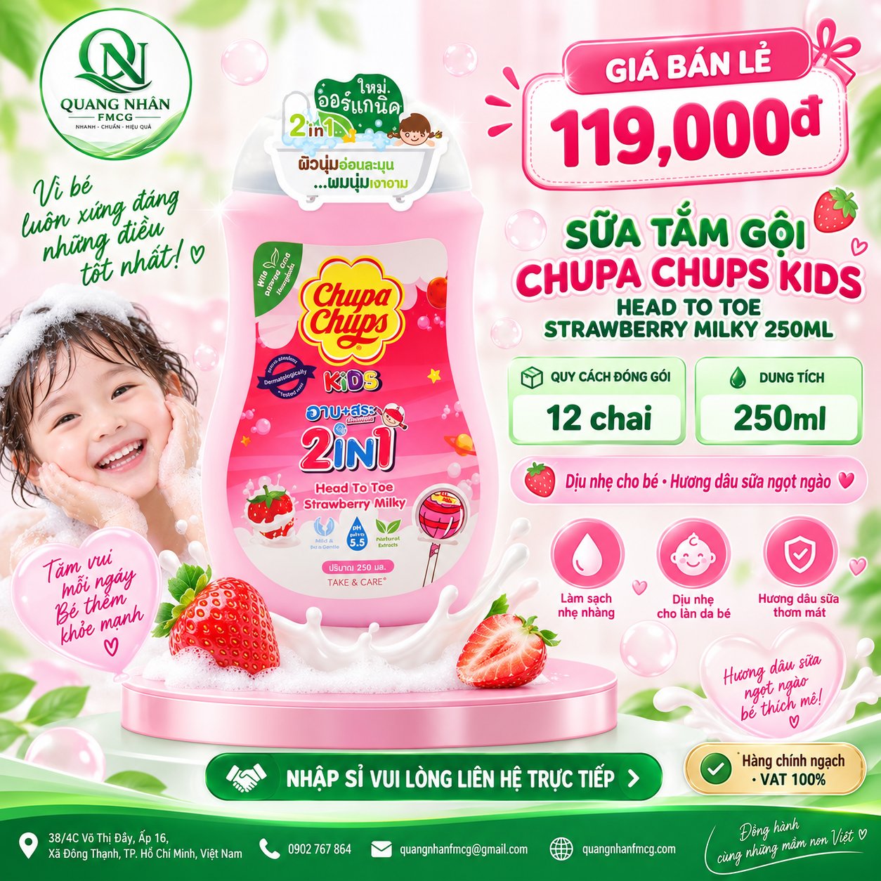 Tắm gội toàn thân hương dâu 250ml hiệu TAKE & CARE x 12 chai/thùng
