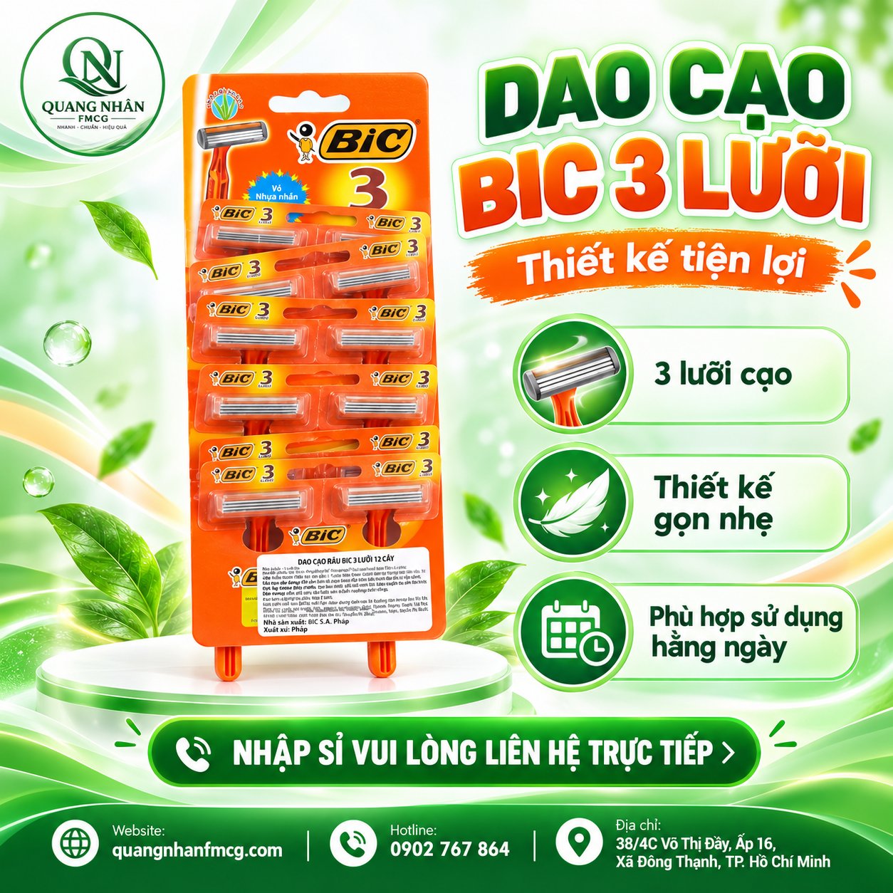 DAO CẠO RÂU BIC 3 LƯỠI VĨ 12 CÂY X 12 VỈ