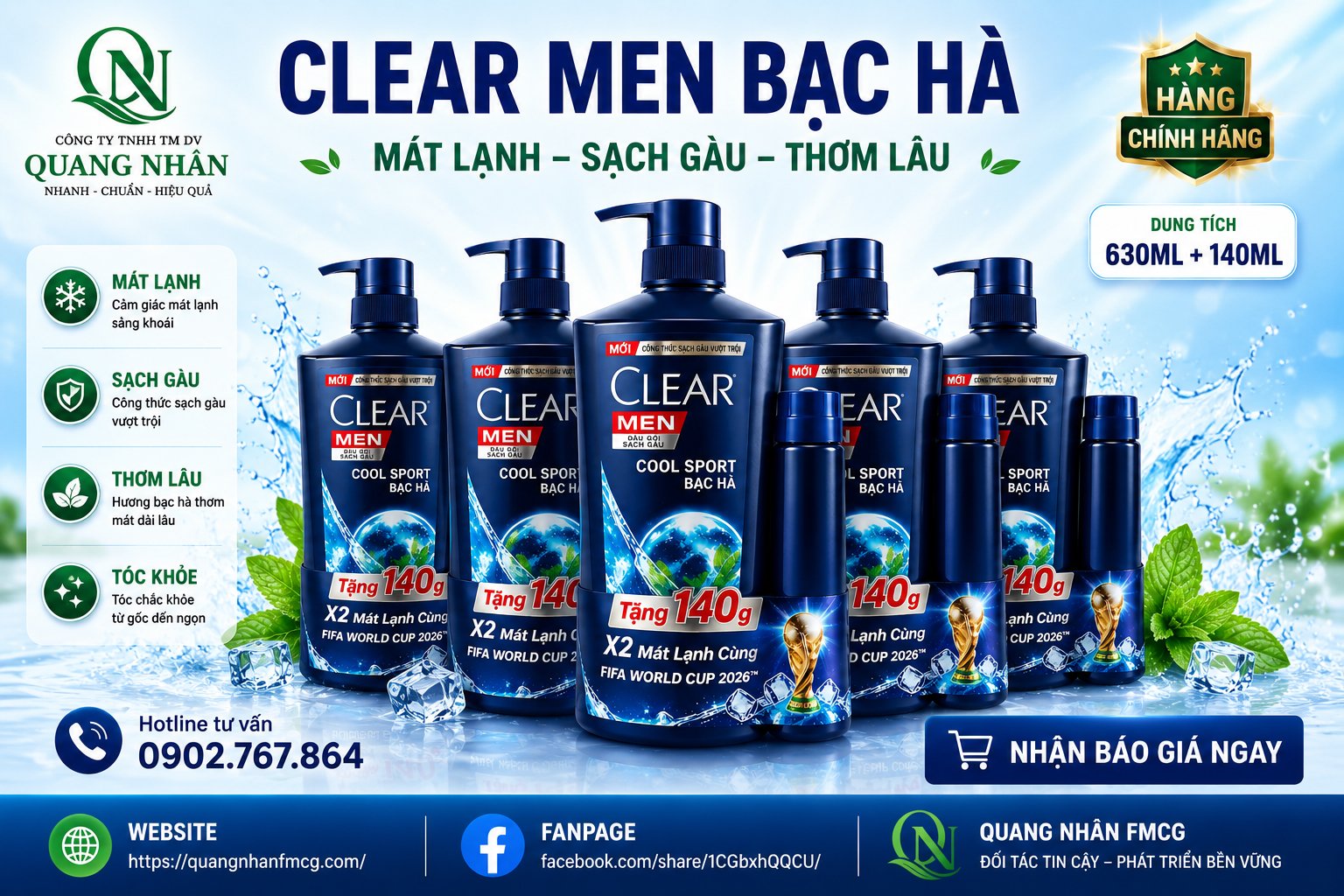 DẦU GỘI CLEAR MEN COOL SPORT BẠC HÀ 630G TẶNG KÈM DG 140G) x 8 BỘ