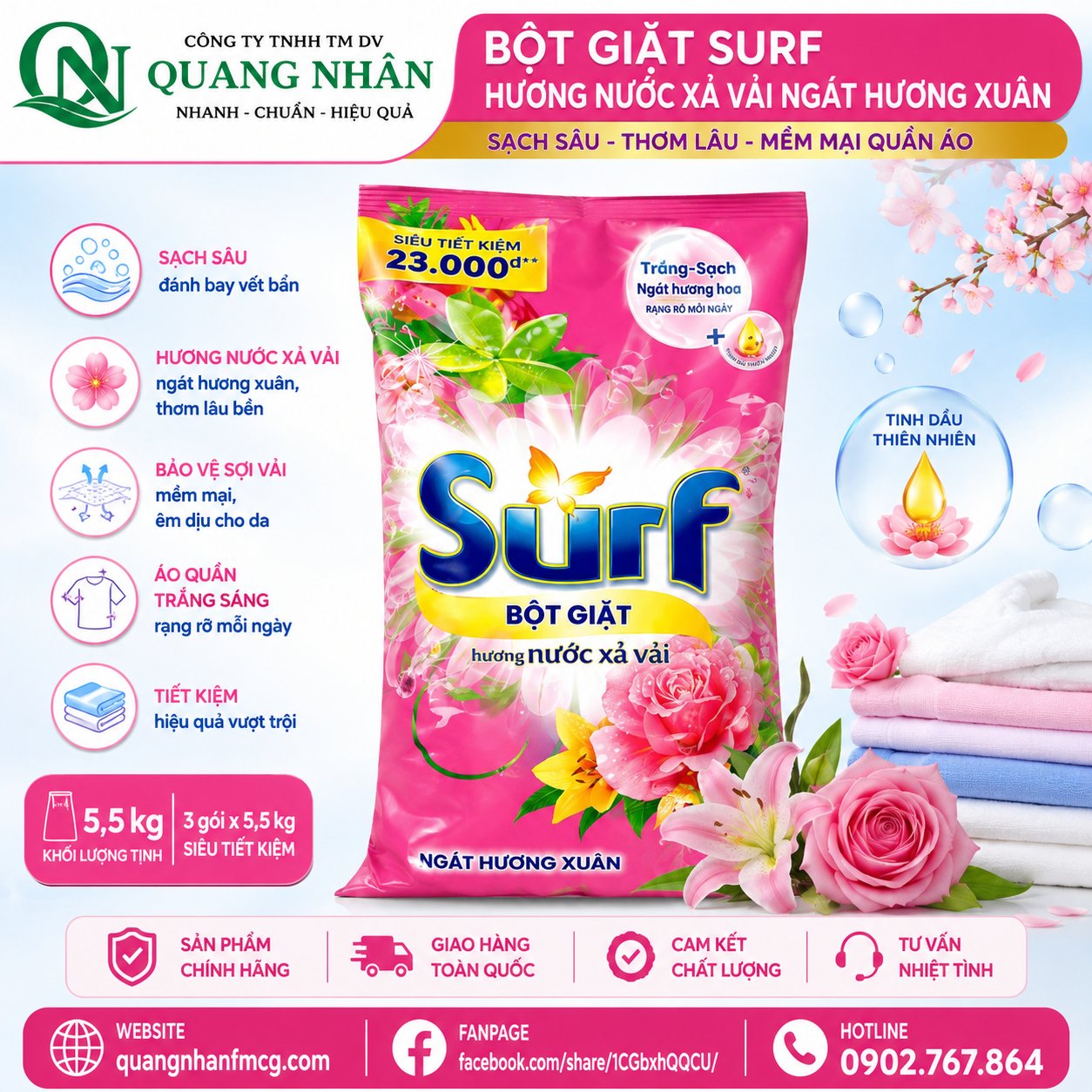 BỘT GIẶT SURF HƯƠNG NGÁT HƯƠNG XUÂN 5.5KG x 3 túi