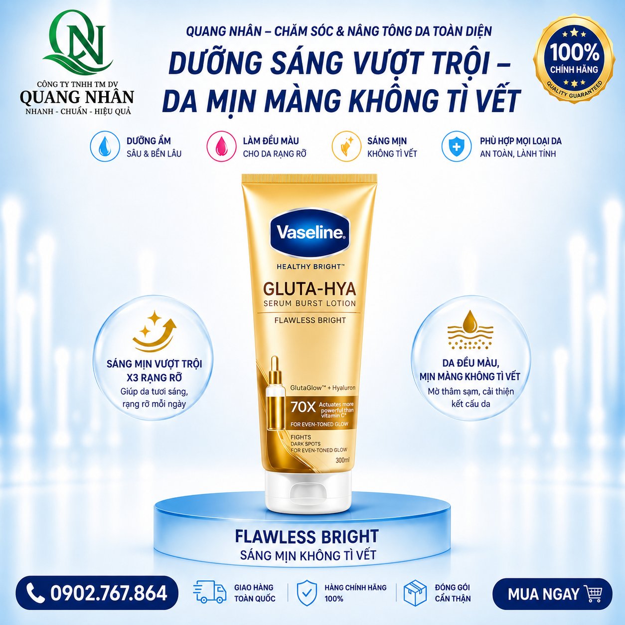 SỮA DƯỠNG THỂ VASELINE FLAWLESS BRIGHT 70X ( TRẮNG ) 300ML x 12 TUÝP