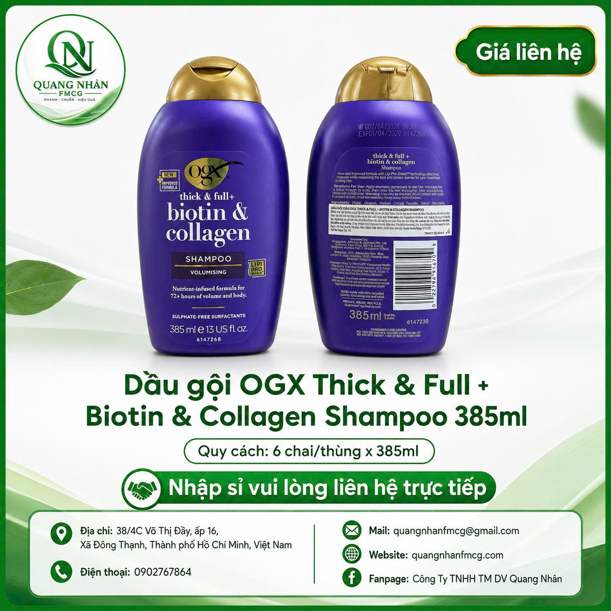 DẦU GỘI OGX THICK & FULL + BIOTIN & COLLAGEN SHAMPOO 385ML X 6 CHAI