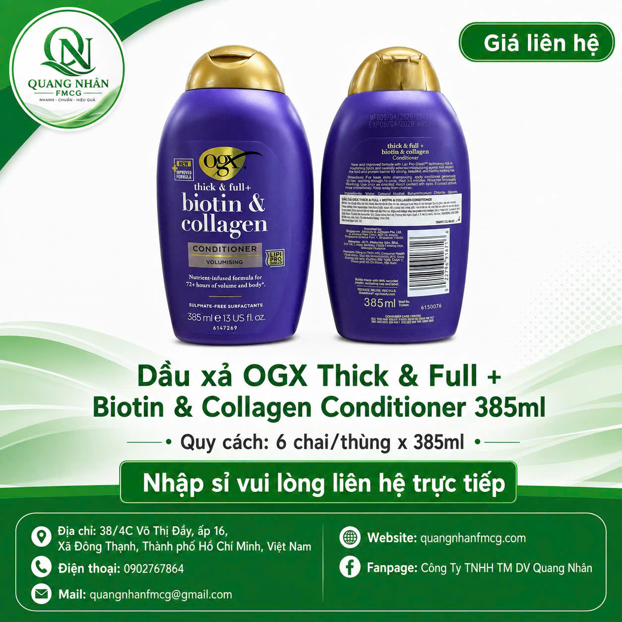 DẦU XẢ OGX THICK & FULL + BIOTIN & COLLAGEN CONDITIONER 385ML X 6 CHAI