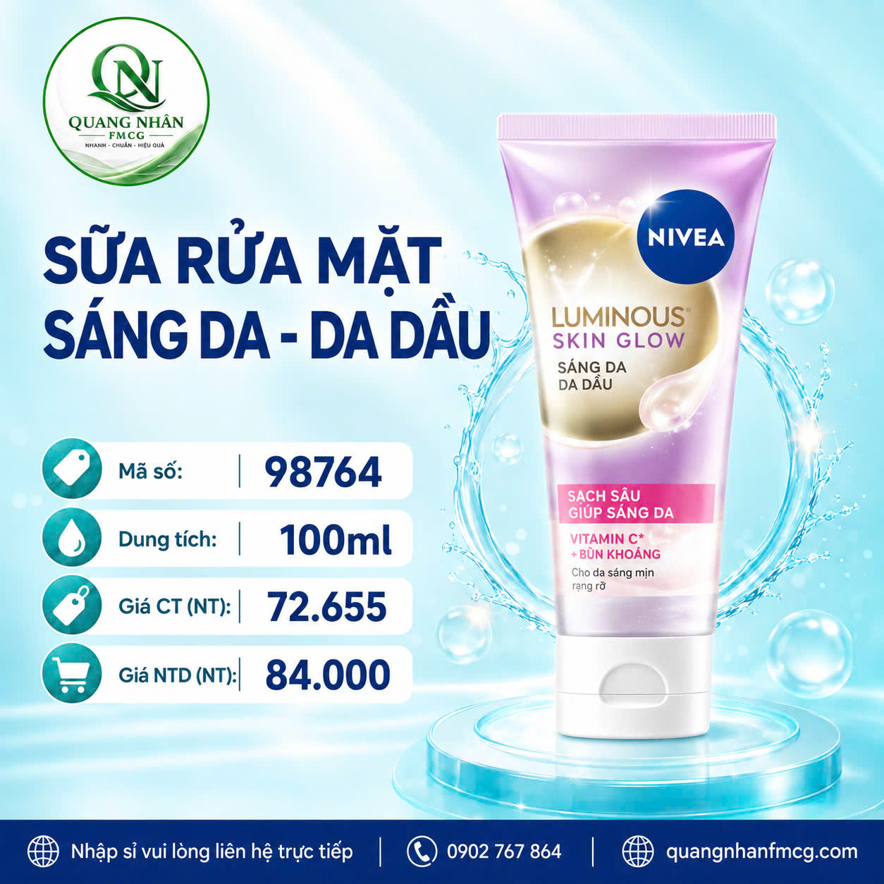 98764 - SỮA RỬA MẶT NIVEA SÁNG DA BỌT KHÍ 100ml x 24 tuýp
