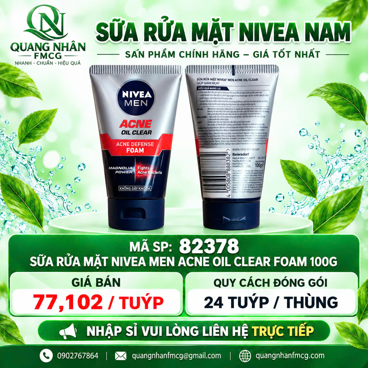 82378 SỮA RỬA MẶT NIVEA NAM ACNE OIL CLEAR FOAM 100G x 24 CHAI