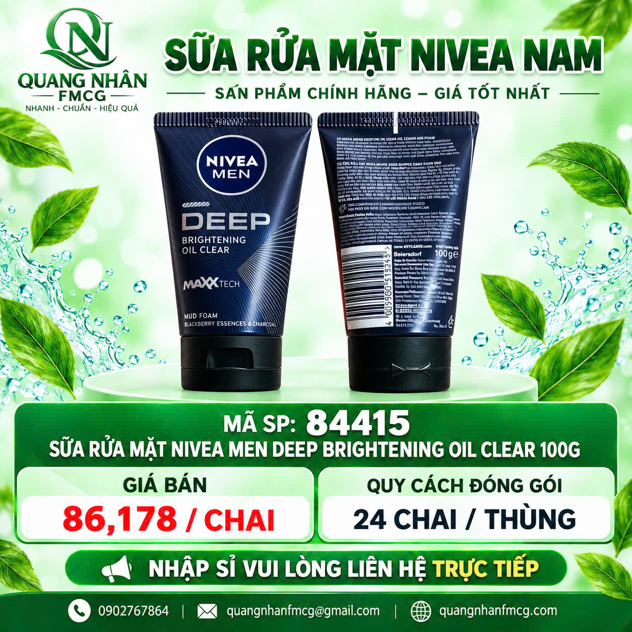 84415 SỮA RỬA MẶT NAM NIVEA DEEP WHITENING CLEAR 100G x 24 CHAI
