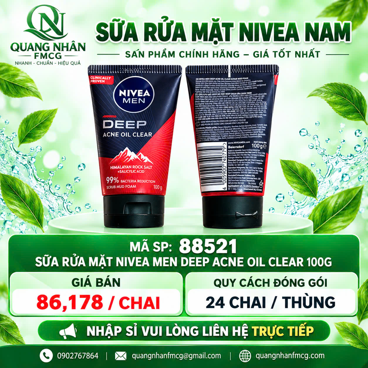 88521 SỮA RỬA MẶT NAM NIVEA DEEP HIMA CLEAR 100G x 24 CHAI