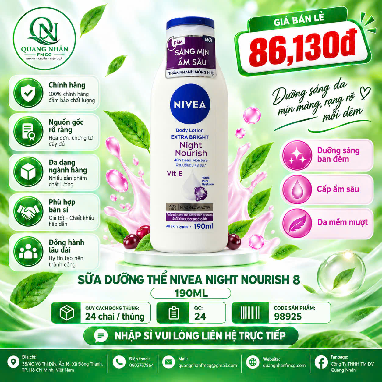 98925 SỮA DƯỠNG THỂ DƯỠNG TRẮNG DA BAN ĐÊM 190ML ( TÍM ) x 24 CHAI