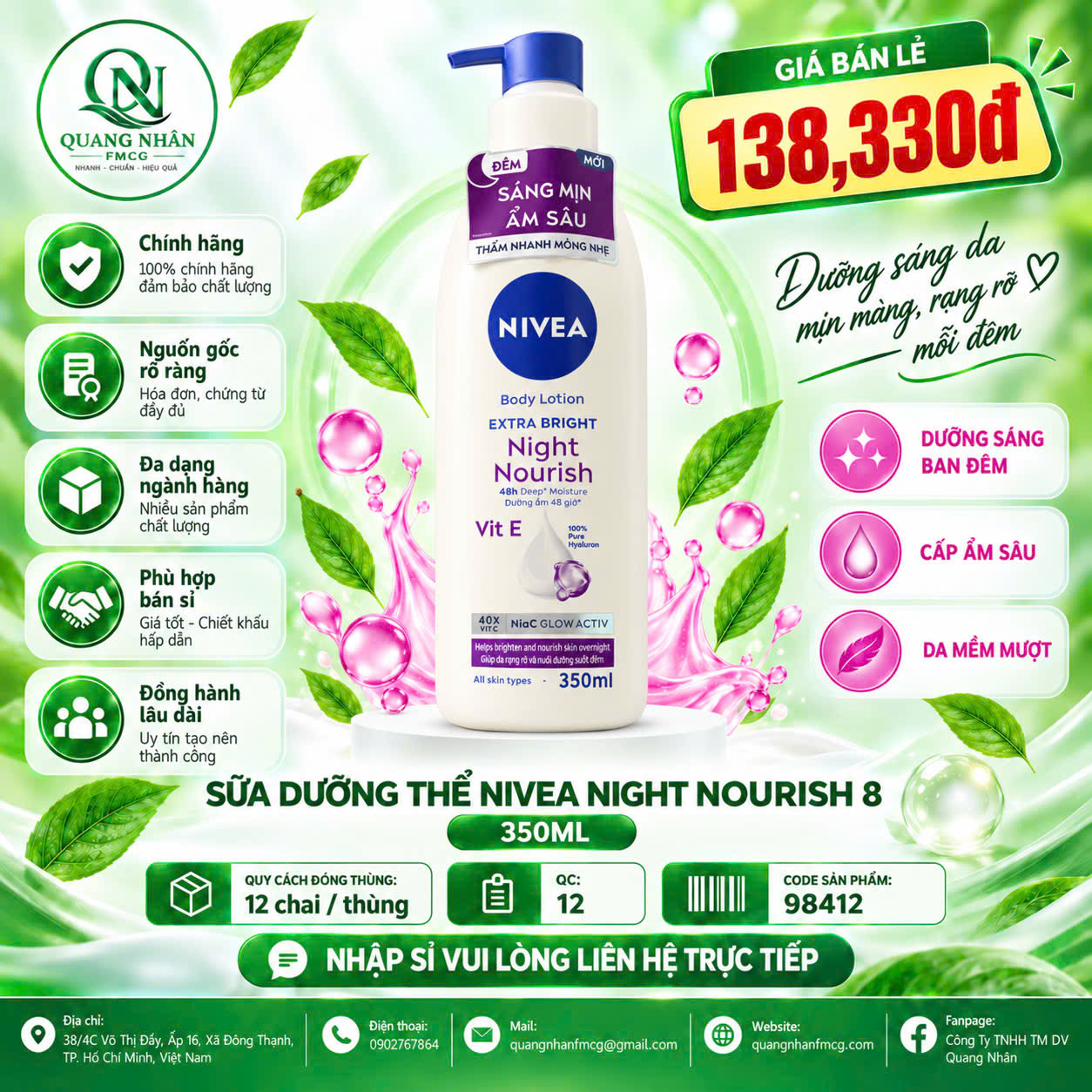 CODE NEW MẪU MỚI 98412 SỮA DƯỠNG THỂ DƯỠNG TRẮNG DA BAN ĐÊM 350ML ( TÍM ) x 12 CHAI