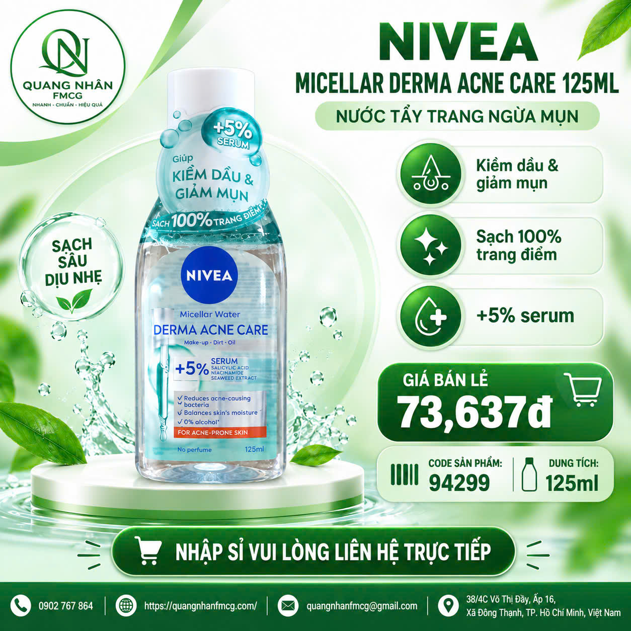94299 NƯỚC TẨY TRANG NIVEA DERMA DÀNH CHO CHO DA MỤN 125ML  x 24 CHAI